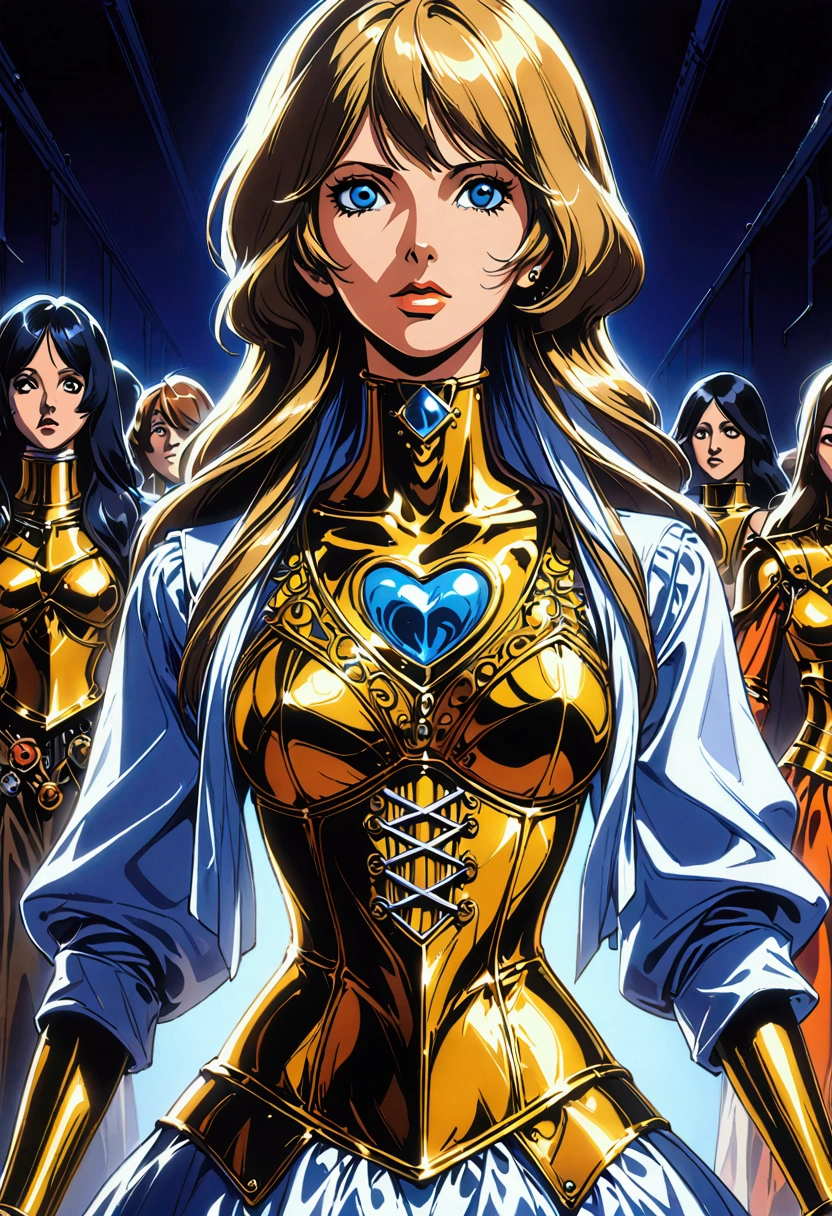 Close-up of a woman in a corset with a group of people, Edwards Poster Art, Gold and bronze armor, mechanical, Seventies, Ester-like face, 1970s Women Live, Keyframe, Doll Punk, Wearing a gold ring on the chest, Barbarela, Metal, mechanicalanical, mechanicalanical superstructure