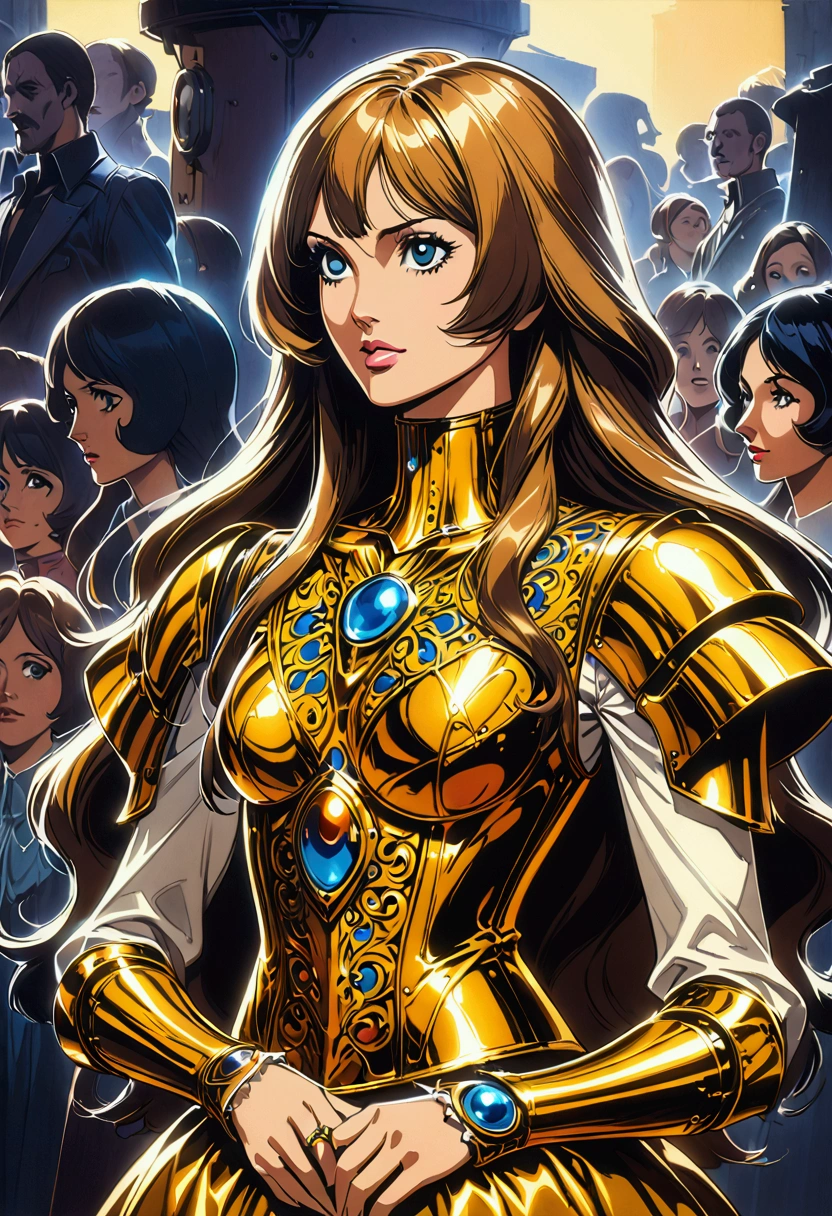 Close-up of a woman in a corset with a group of people, Edwards Poster Art, Gold and bronze armor, mechanical, Seventies, Ester-like face, 1970s Women Live, Keyframe, Doll Punk, Wearing a gold ring on the chest, Barbarela, Metal, mechanicalanical, mechanicalanical superstructure  