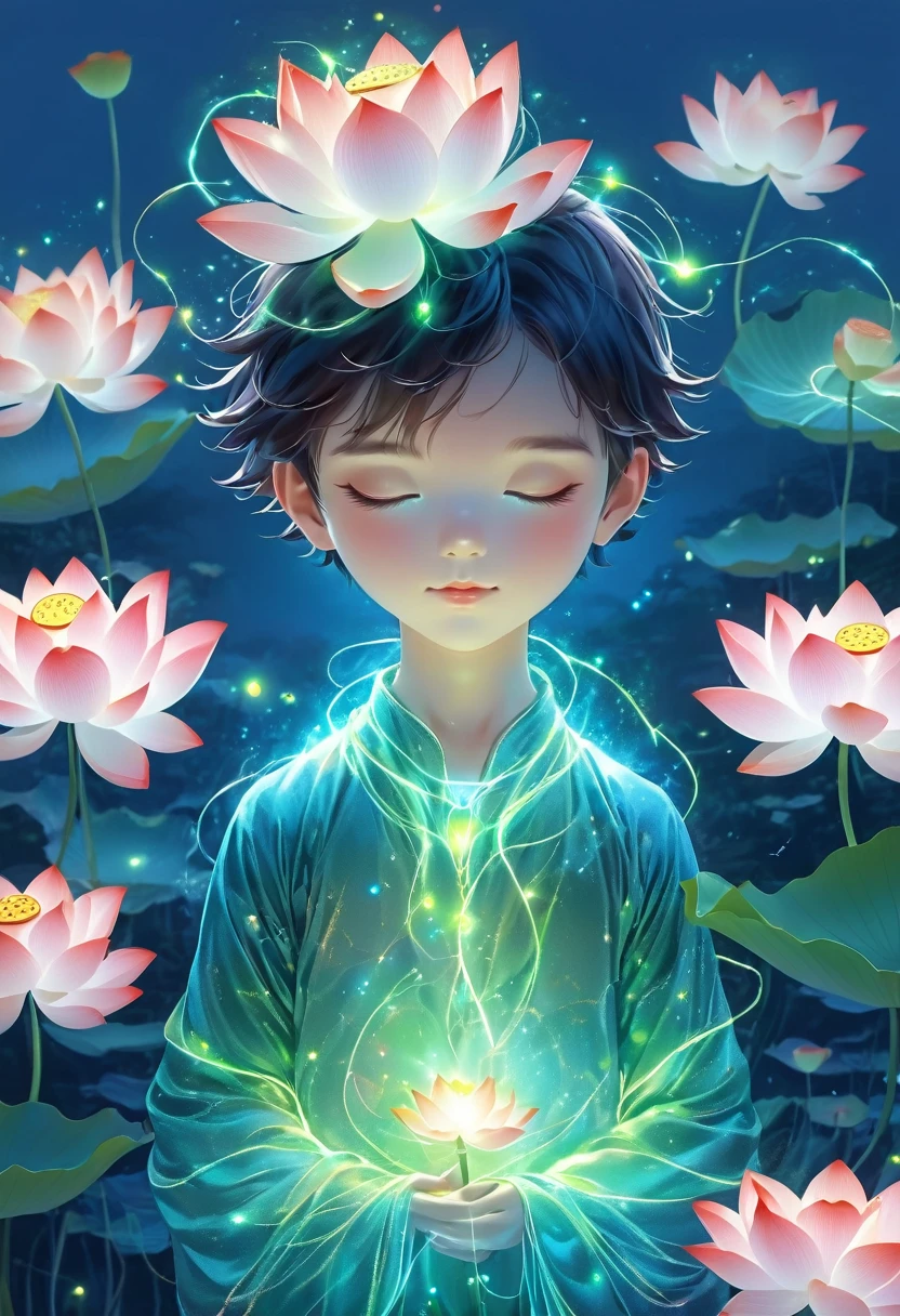 (masterpiece, best quality:1.2), digital art style, charming illustration,Peace pictures,1 boy, Wearing lotus on head,alone,body glow,glowing line,fluorescence,Luminous example,Tracking example,flash,萤light particles,backlight,translucent,light particles,correct human ???????