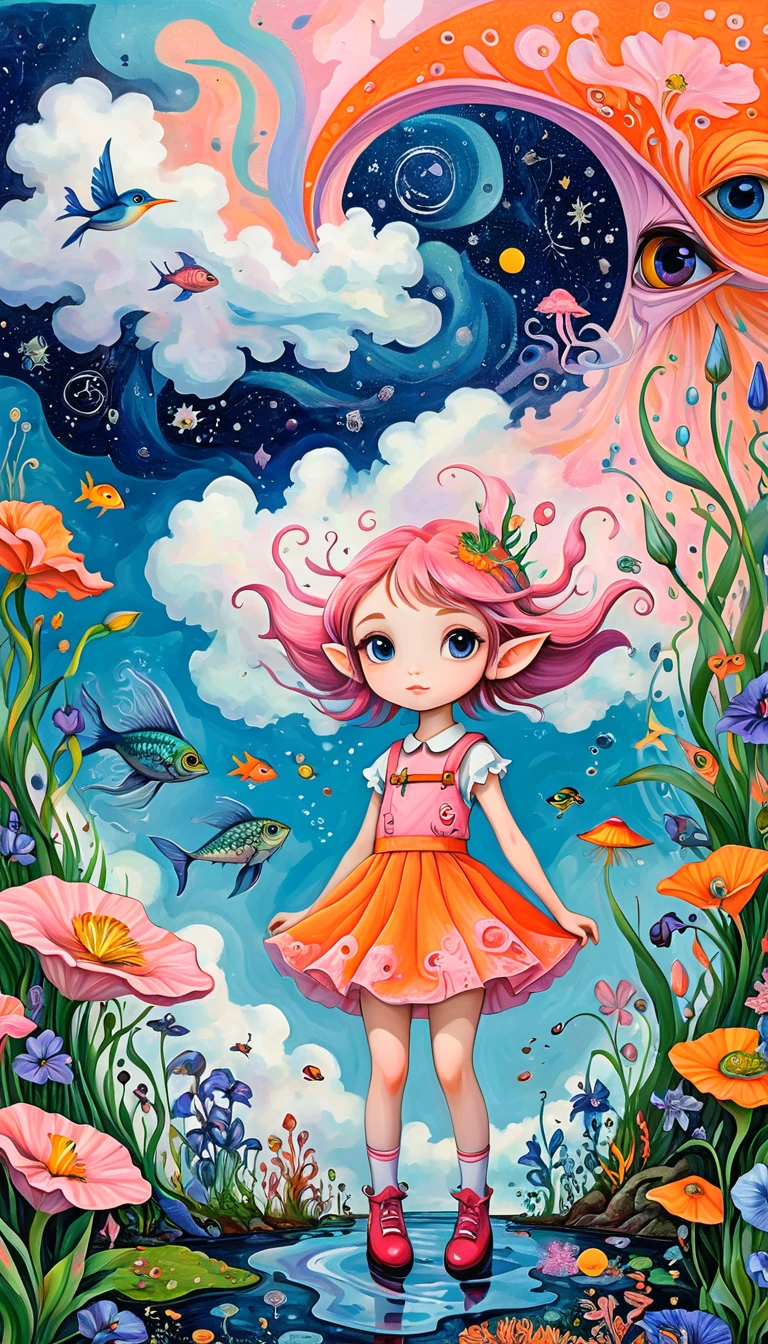 Children's graffiti,Thick coating，Concave and convex texture，Oil pastel strokes：The elf in a pink flower skirt，A cloud，、iris、fish、Tentacles、bird、Eye、diatom，Abstract mosaic painting，Describing the inner world of autistic people，Sense of space，White Space，interesting，Innocence，Psychedelic Art，Orange overall