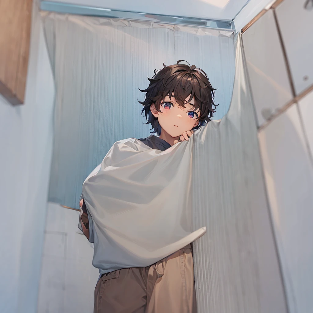 Boy with dark brown curly hair, eyes browns, brown skin, red sweatshirt and blue undershirt