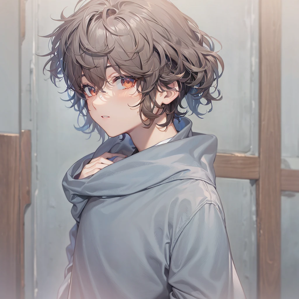 Boy with dark brown curly hair, eyes browns, brown skin, red sweatshirt and blue undershirt 