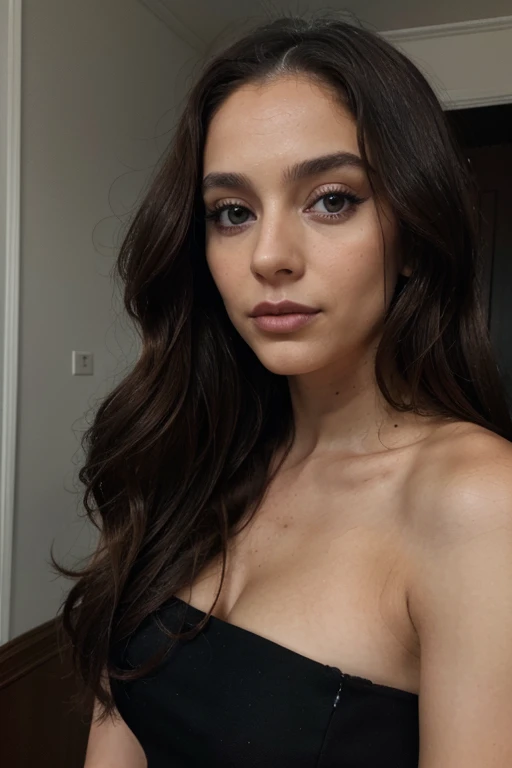 29 year old Spanish woman, long brown slightly curly hair, blue eye, visage parfait, professional makeup like model, C et portant un haut noir