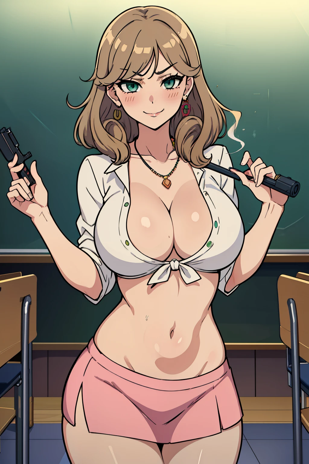 1girl, haruka_senran, solo, looking at viewer, blush, smile, long hair, light brown hair, large breasts, green eyes, blush, lipstick, long hair, crazy eyes ,Hot girl, baddie, staring, glaring, bad attitude, mean girl, dare, angry, hate, crazy, smoking, sensual, attractive, masterpiece, best quality, ((unbuttoned , cleavage, necklace, earrings, sexy body,
breasts)) , micro skirt, smiling, navel , exposed belly, exposed navel,school,knot,
classroom , holding a gun, hold a gun