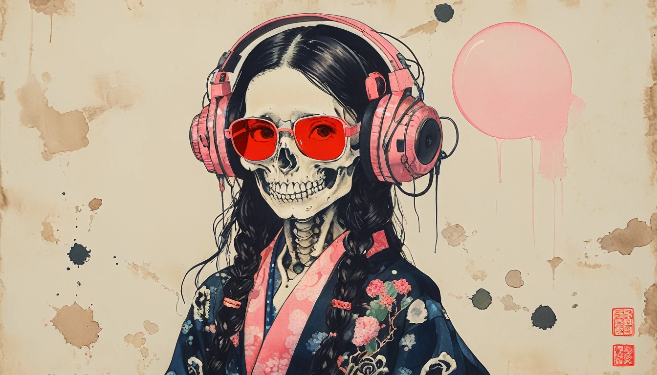 A female skeleton with long hair wearing a neon kimono, Light pink lens sunglasses, Katsushika Hokusai, Ink Painting, Japanese style headphones, Break dance, Modern ukiyo-e style