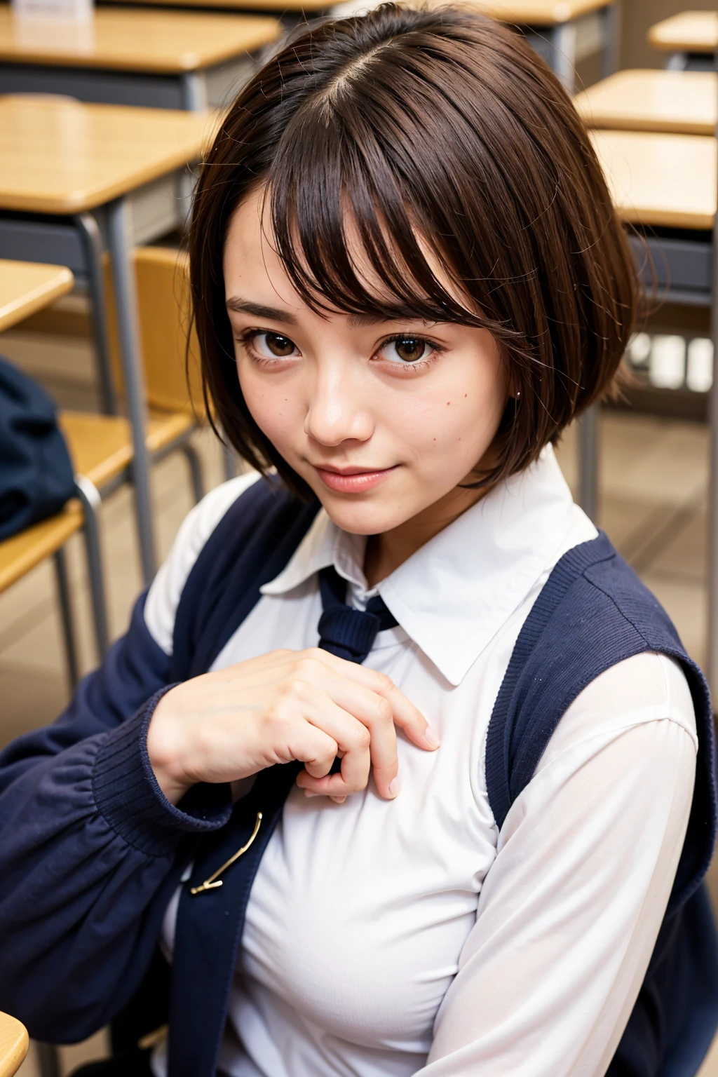 a sailor suit, Realistic,Top quality, 1 beautiful woman, super short Hair, shy-smile, at classroom, school girl, student