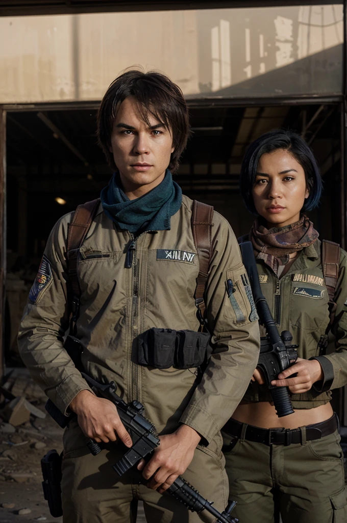 Damon Salvatore(man) stands in the center, gripping his assault rifle, with a desert storm behind him. Damila(woman) with light pink short hair , stands to his right, holding her sniper rifle with a scarf covering her face, eyes focused. Kira(woman) with short blue hair , stands to his left, dual pistols ready, with a determined expression. The sandy, rugged terrain and a backdrop of distant explosions set the scene.