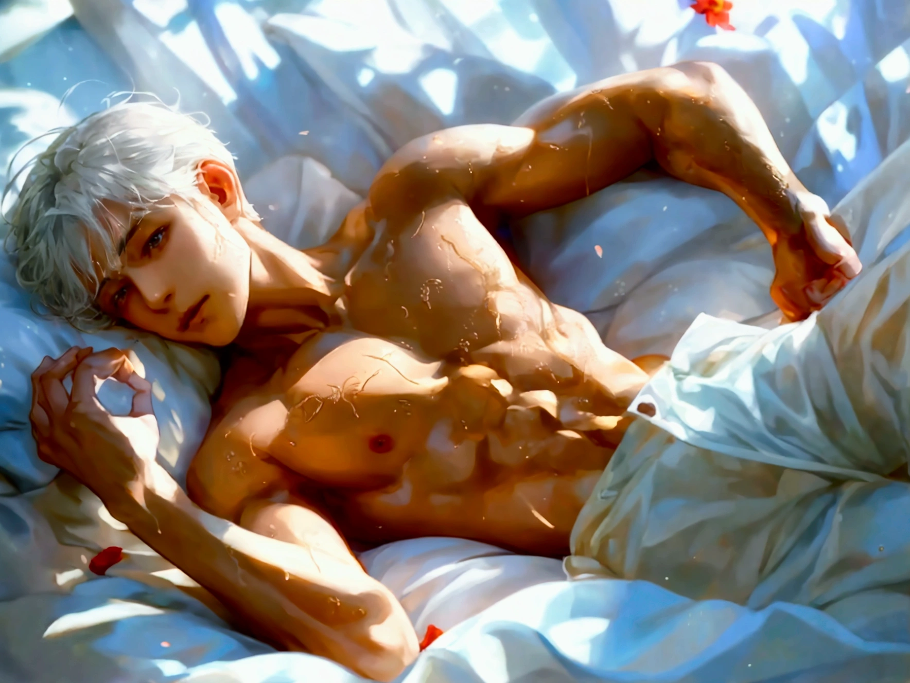 male,Work out on the big white bed,Handsome facial features,summer,Wet body,Wet body,Sweat,Exposure,full,Upturned hips,Translucent pants,full of force,Short white hair,muscular,muscular的胸部,No pants,Slender legs,Fluttering petals,masterpiece, best quality, (Extremely detailed CG unity 8k wallpaper), (best quality), (Best Illustration Award), (The best shadow), absurd, Realistic lighting, (abyss), Beautiful and delicate light, Artworks by Peter Mohr Bacher,