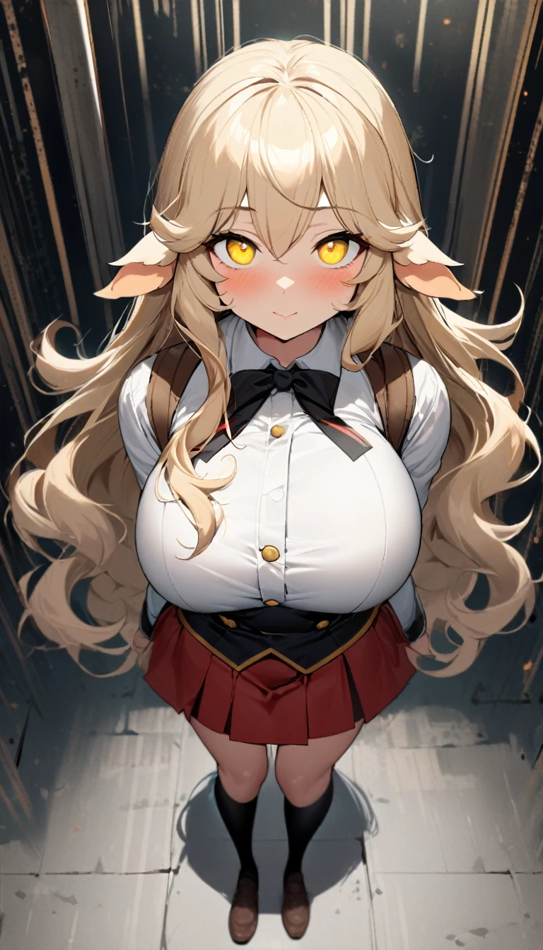 1girl,solo,twisted corner,sheep ear,fluffy hair,long hair with a lot of hair,cream hair color,light yellow eye color,Calm face,docile face,blush,huge breasts,slender,Vertical lines academy uniform,short stature,looking at viewer,Taken from the viewpoint above,upturned eyes,standing up,academy
back ground