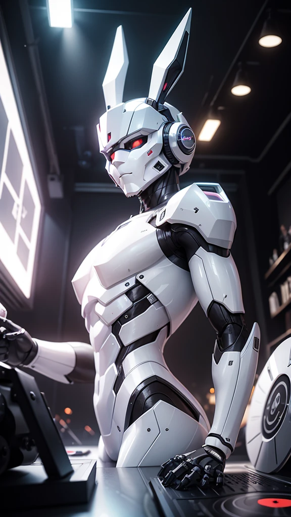 robot rabbit, White color, male gender, portrait photo style, non-human, in a club, playing on a turntable,