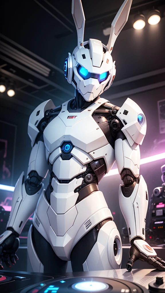 robot rabbit, White color, male gender, portrait photo style, non-human, in a club, playing on a turntable,