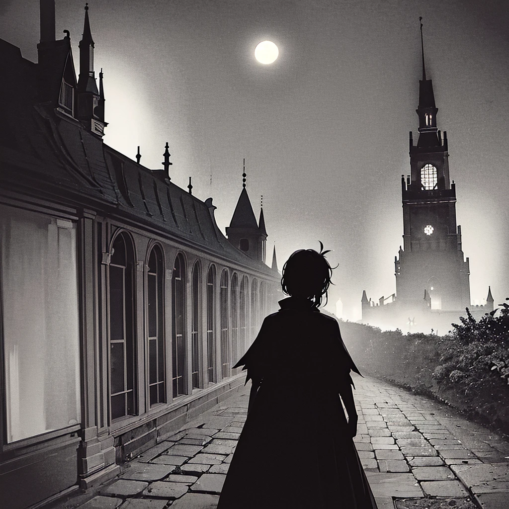 A dark and eerie Halloween scene, full moon, night, haunted castle, moonlit path, halloween, creepy, dark path, gloomy, horror