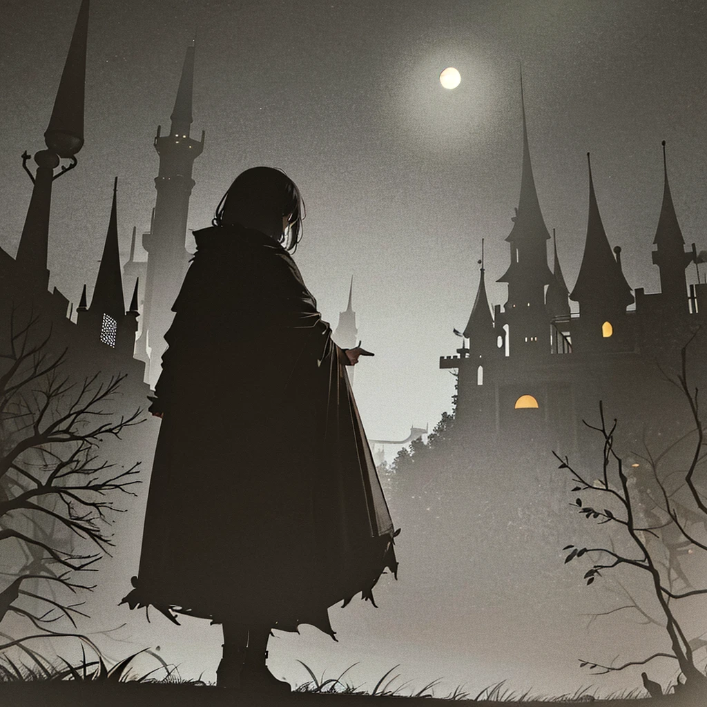 A dark and eerie Halloween scene, full moon, night, haunted castle, moonlit path, halloween, creepy, dark path, gloomy, horror