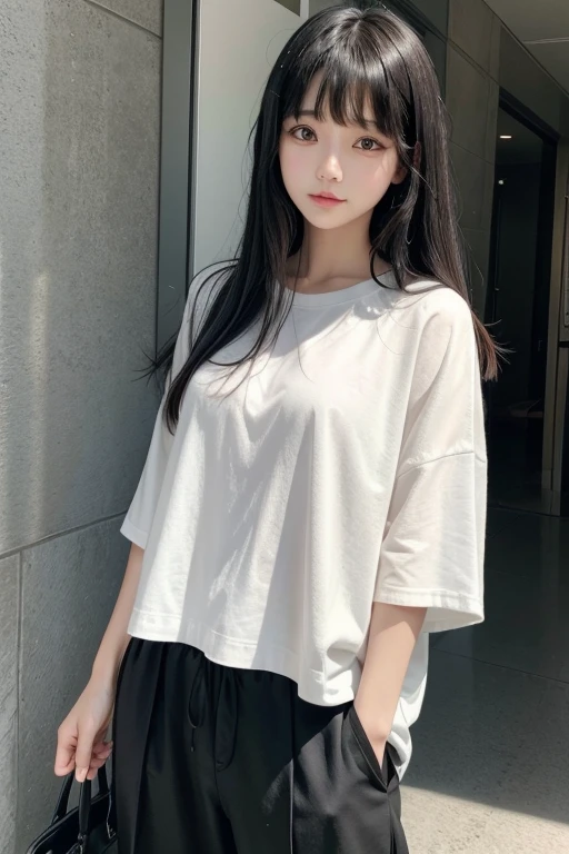 black hair with bangs, slanted eyes, fly away, simple outfit