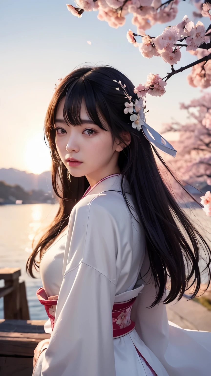 (logo、masterpiece、8K、table top、raw photo、fantastic、best quality、realistic、very detailed CG 통합 8k 벽지、high quality、very detailed、epic、particle effects、Dynamic effects、depth of field、cinematic light、lens flare、ray tracing)、fancy、 (One beautiful woman wearing a white coat、white dress、japanese dress、black hair、beautiful face、real face、Beautiful eye for detail、beautiful skin)、Hair flutters in wind、hair jump、pink cherry blossom tree、petals are fluttering、sakura blizzard、superb view、Morning glow、with the sun in the background、wind、gods、tusk、myth、vast land、