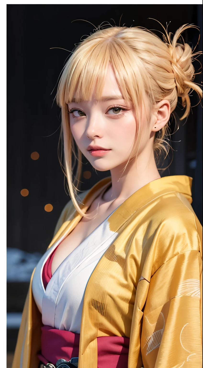 (masutepiece, Best Quality:1.4), Beautiful face, 8K, 85 mm, absurderes, (japanese kimono:1.4), The upper part of the body, cleavage of the breast、Facing the camera、 violaceaess, gardeniass, Delicate girl, Solo, knight, Looking at Viewer, Upper body, Film grain, chromatic abberation, Sharp Focus, face lights, Professional Lighting, Sophisticated, (Smile:0.4), cleavage, (Simple background, Bokeh background:1.2), Detail Face、Snow piled up、snowscape