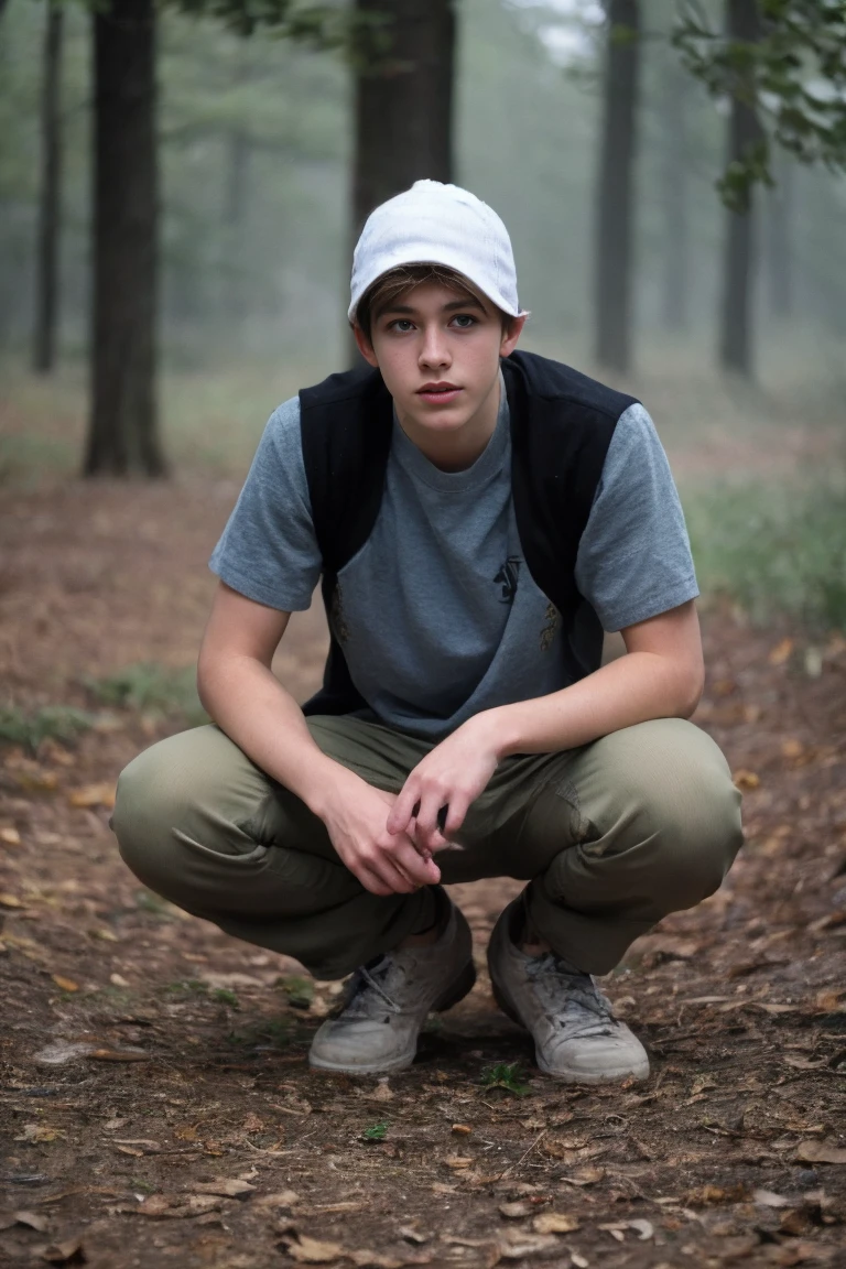 Realistic photo of solo handsome teenage men ,squatting , forest ,foggy daytime
