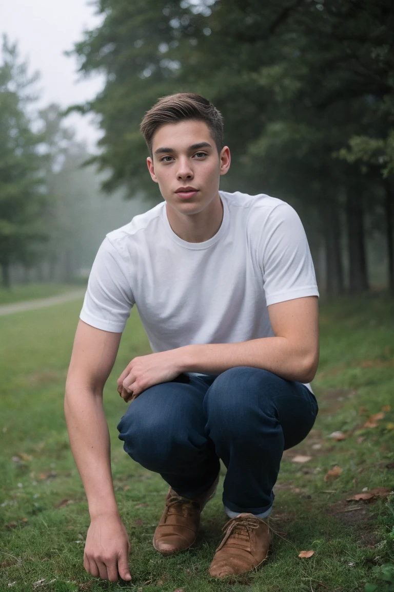 Realistic photo of solo handsome teenage men ,squatting , forest ,foggy daytime
