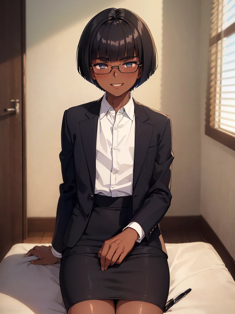 (1 boy:1.5),(dark skin:1.5),(masterpiece:1.2), highest quality, High resolution, unity 8k wallpaper, (fine and beautiful eyes:1.6), highly detailed face, perfect lighting, Detailed CG, (perfect hands, perfect anatomy),20 years old, (black hair:1.3), detailed eyes, best quality, extremely detailed, very precise detailed, (glasses:1.4), , (straight hair:1.5), (evil smile:1.4) ,long sidelocks, (blush:1.3),(short Bobbed hair:1.4),(blunt bangs:1.4), (greaming skin:1.3),(sit:1.4),(flat chest),(business suit),(open mouth),pencil Skirt