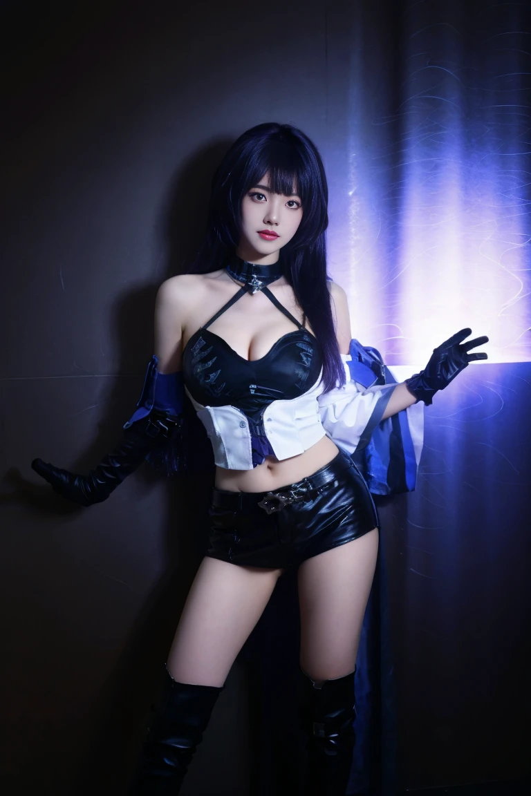 ulzzang-6500-v1.1,(raw photo:1.2),((photorealistic:1.30)), ((best quality)) ,((masterpiece)),((Ultra High Resolution)), ((Clear View)),,Ultra-high resolution,Clear face,(Reality:1.4) , illustration, an extremely delicate and beautiful, extremely detailed ,CG ,unity ,8k wallpaper, Amazing, finely detail, masterpiece,best quality,official art,extremely detailed CG unity 8k wallpaper,absurdres, incredibly absurdres, huge filesize, ultra-detailed, highres, extremely detailed,beautiful detailed girl, extremely detailed eyes and face, beautiful detailed eyes,light on face,cinematic lighting,1girl, 独奏 , (purple hair:1.5), bangs, purple eyes, (upper body),see-through,(looking at viewer:1.5),outdoors, garden background, Acheron cosplay costume, Acheron, cosplay, blue hair, very long hair, hair over one eye, shirt, asymmetrical clothes, singel sleeves, shorts, crop top, belt, tattoo, gloves, singel elbow glove, large breasts, breasts, cleavage, boots, knee boots, high heel boots, standing,