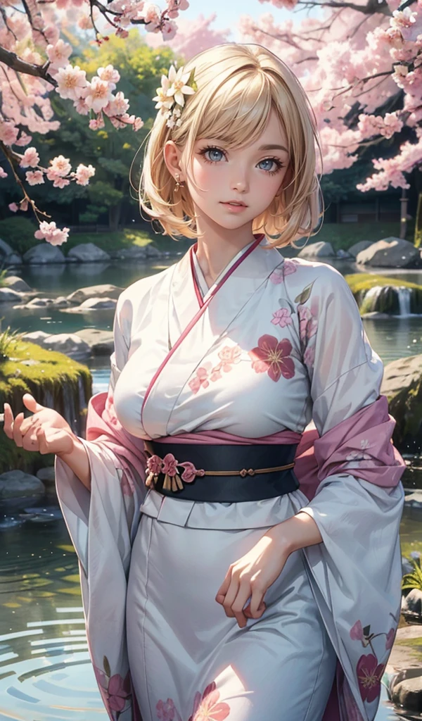(Amazing masterpiece), (Maximize highest quality: 1.5), (Maximize most beautiful digital illustrations: 1.5), ((Most realistic: 1.5)), ((Smooth, soft, crisp and most realistic skin and hair textures)), Most beautiful detailed eyes:1.5, ((Maximum resolution, UHD:1.5, 16K, 1080p, 10 million ppi, 300 million dpi images)), (Amazing dynamics:1.5), Beautiful backgrounds with depth of field, Most beautiful natural light, Rule of thirds, ((Maximize every effect and present it in the ultimate quality)), 1woman, 35years old, beautiful face, elegant mature woman, Ultimate beauty of all time:1.5, Ultimate attractive face that combines sexiness and eroticism:1.5, Slut:1.3, solo:1.3, beautiful big breasts, highly upturned breasts, light blonde hair, short hair, Shag, (eyes visible through hair:1.3), glossy very thick lips:1.3, pink lipstick:1.0, sexy smile:1.5, cool kimono, intricate floral motifs, pale pastel shades, touches of pink, vivid colors, wide sleeves, detailed obi, Japanese garden setting, peaceful pond, blossoming sakura, soft wind, graceful and cool, summer wear, fine embroidery, airy fabric, gentle color transitions, balanced design, calm ambiance, traditional culture, creative representation,