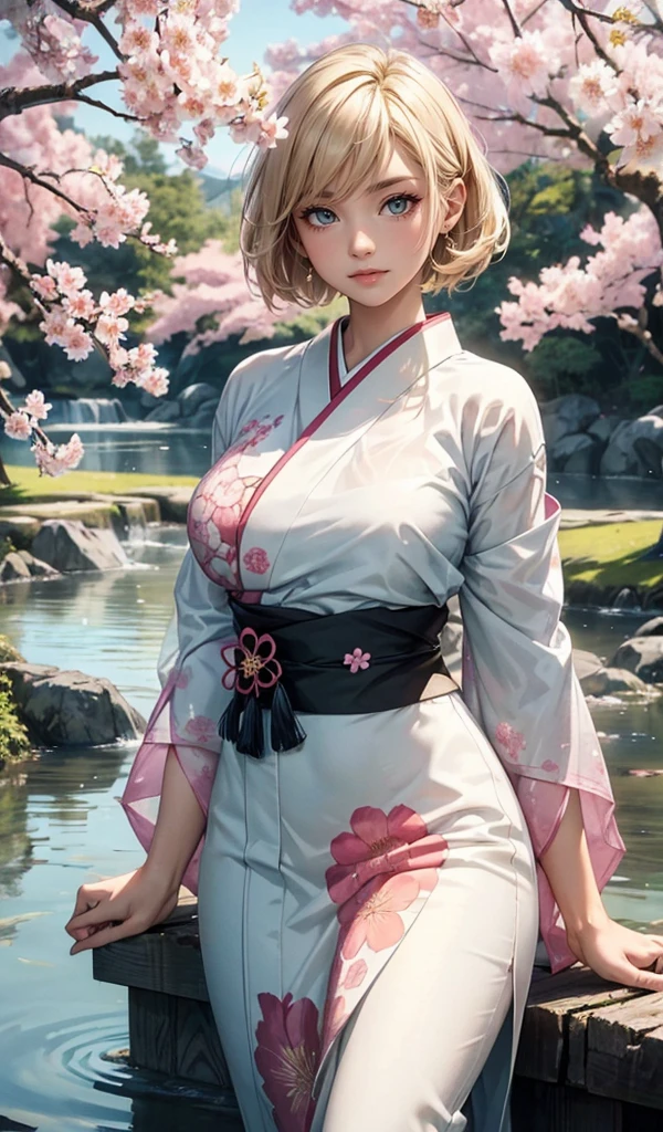 Please follow the all prompts below exactly and faithfully, This is a breathtaking masterpiece of digital illustration, with maximum resolution, UHD, 512K, 2160p, 10 million ppi, 300 million dpi, natural color tones, ultra sharp details, perfect outlines with contrast, ((smooth, soft and clearly and most realistic hair texture)), most beautiful detailed eye features, perfect anatomically correct human body, beautiful background with depth, rule of thirds, depth of field, Maximize all element is used to its full potential to create the best digital illustrations, 1woman, sexy, 25years old, beautiful face sharp, elegant woman, Ultimate perfect body style, beautiful beautiful big breasts, Maximize upturned breasts, green eyes, shiny blonde hair, short hair, bob cut, (eyes visible through hair:1.3), glossy very thick lips, pink lipstick, smile:1.5, A soothing yukata in pastel lavender, decorated with detailed bamboo patterns and white flowers. The fabric is light and comfortable, perfect for a summer festival. The background is a Tanabata night, with a starry sky and a river of stars. Bamboo is emphasized, creating a serene and tranquil atmosphere.