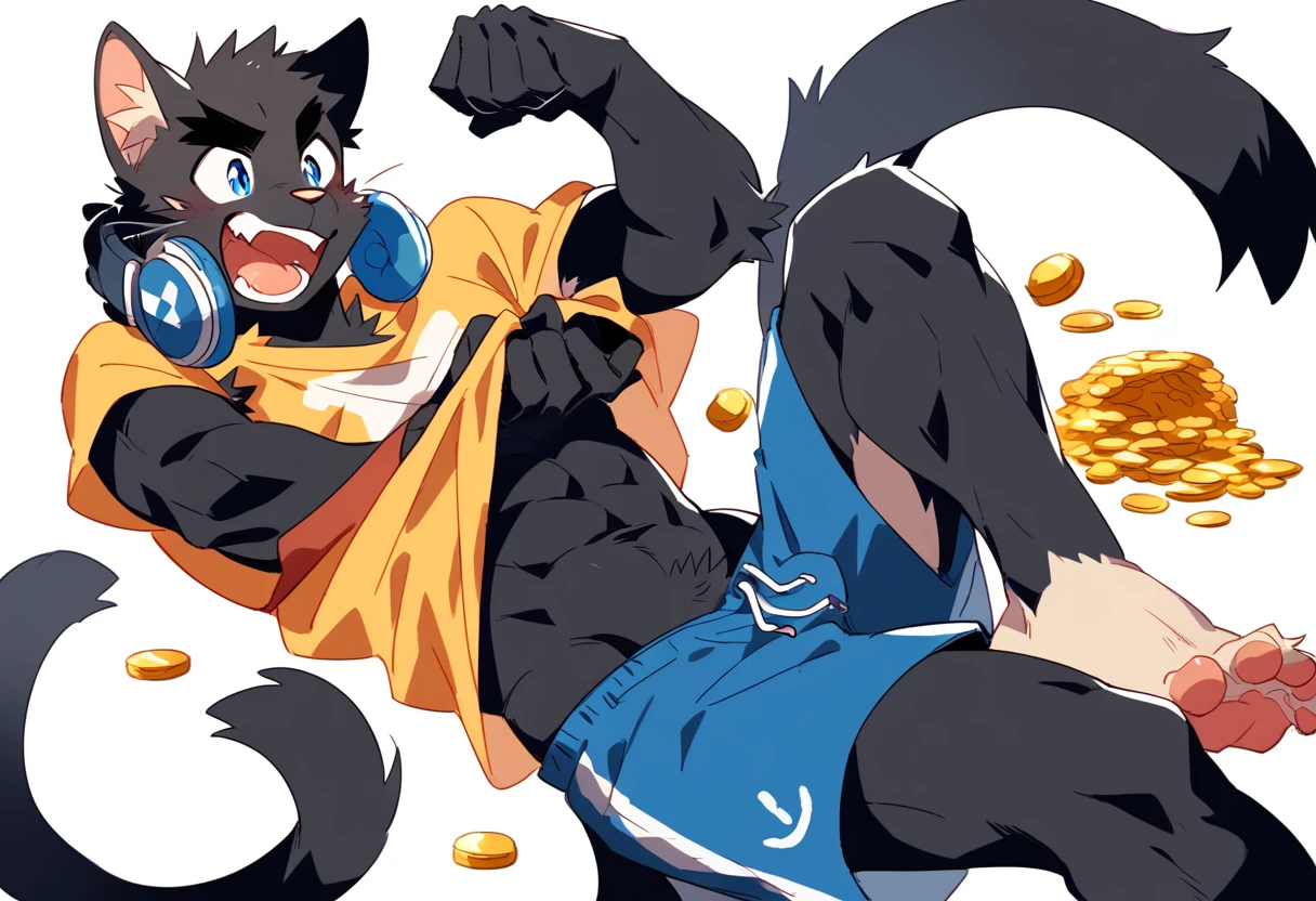 score_9, score_8_up, score_7_up, male, furry, high quality, hires, anthro, teenager, ************, domestic cat, black fur, blue eyes, wide eyebrows, an excited expression, humanoid feet, slim body, prominent v-line, prominent abs, prominent legs, prominent forearm, prominent knees, white background, treasure trail, armpit hair, furry legs, headphones, shorts, pulled up shirt, showing off abs, patting his abdomen, in various poses