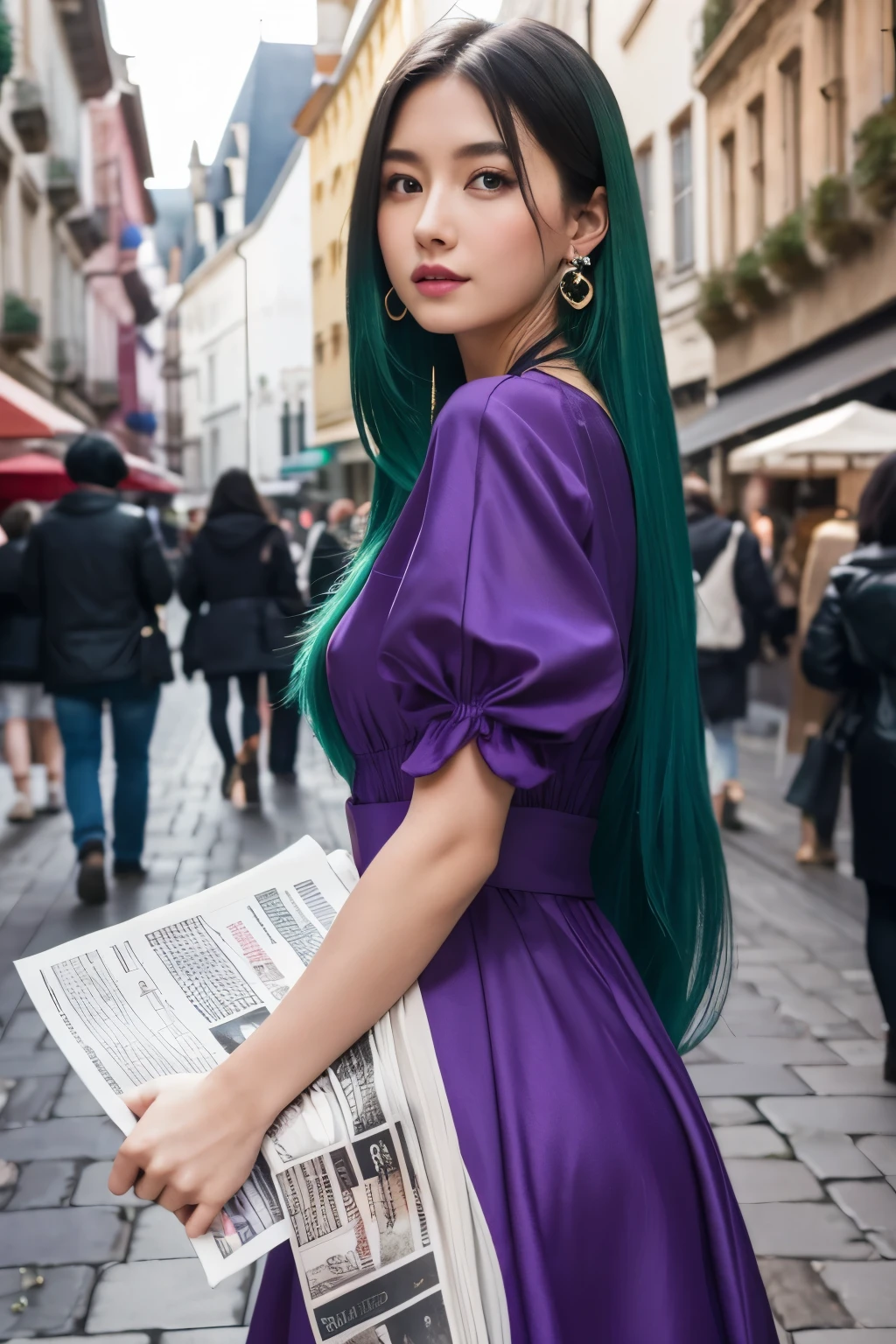 1 Girl,Fascinating Eyes,obstinacy,(green|purple|cool_Long Hair),jewelry,Earrings, necklace,{beauty}, Newspaper wall,European atmosphere,Medieval streetscape,Medium chest,Cool costume,Fascinating,Very detailedな, 8k wallpaper, Very detailed, Highest quality,fashionable,Emotional,intellectual,Alluring
