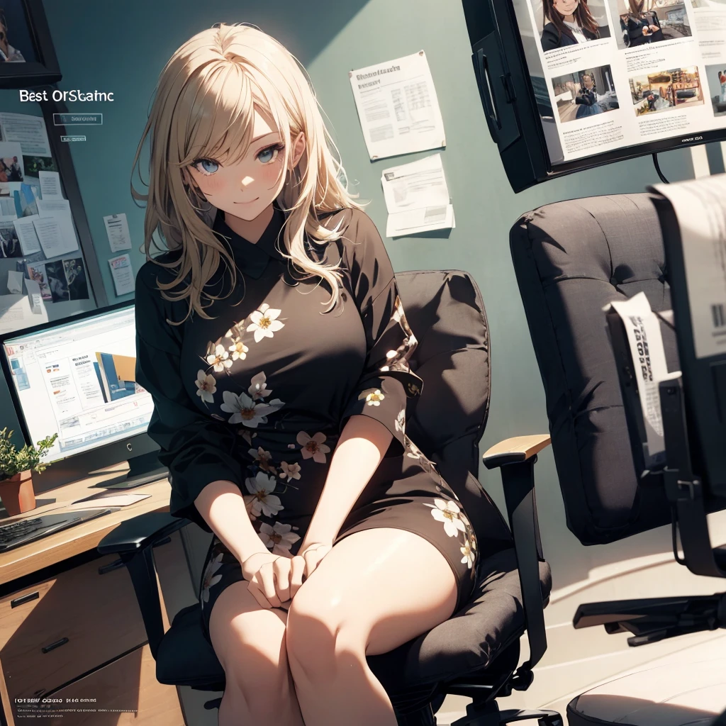 (Best Quality, Masterpiece), office lady Magazine Cover, 1girl,Magazine Cover, 1girl, amazing 30 years old wife, stunning, cute, warm smile, hourglass figure, floral dress, office desk, office chair,Lulubre Unity 8K Wallpaper, Beautiful background, clearly, Best Quality, The highest resolution, Best aesthetic,extremely detailed CG unity 8k,azine Cover,text, chart, advertising, magazine title