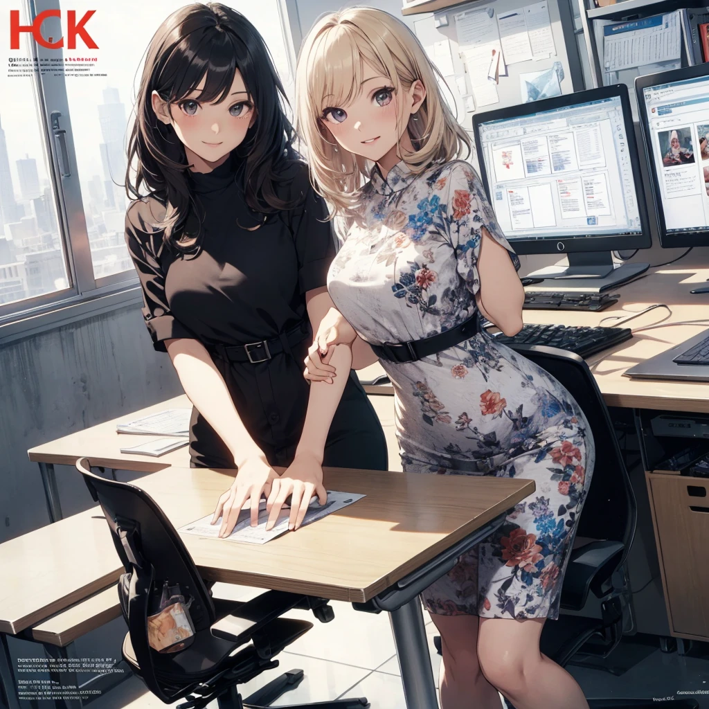 (Best Quality, Masterpiece), office lady Magazine Cover, 1girl,Magazine Cover, 1girl, amazing 30 years old wife, stunning, cute, warm smile, hourglass figure, floral dress, office desk, office chair,Lulubre Unity 8K Wallpaper, Beautiful background, clearly, Best Quality, The highest resolution, Best aesthetic,extremely detailed CG unity 8k,azine Cover,text, chart, advertising, magazine title