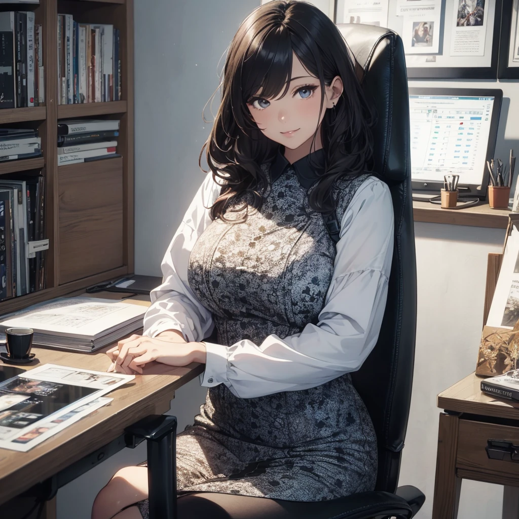 (Best Quality, Masterpiece), office lady Magazine Cover, 1girl,Magazine Cover, 1girl, amazing 30 years old wife, stunning, cute, warm smile, hourglass figure, floral dress, office desk, office chair,Lulubre Unity 8K Wallpaper, Beautiful background, clearly, Best Quality, The highest resolution, Best aesthetic,extremely detailed CG unity 8k,azine Cover,text, chart, advertising, magazine title