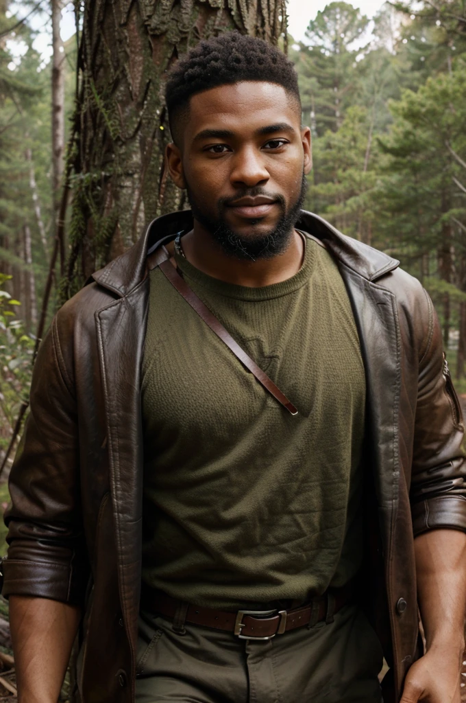 Create a high-quality and realistic image of a young black man with short hair and an imposing beard. He should have a determined smile and fierce, penetrating golden eyes, dressed in adventurer-style clothing reminiscent of Indiana Jones, with leather details and utility accessories. The young man should have an athletic body and be in a wilderness setting, with dense vegetation and natural elements in the background. Use detailed textures for the skin, hair, beard, and clothing of the young man. Specify a cinematic lens with a shallow depth of field to focus on the young man and create a blurred background that highlights the wilderness setting. Use natural and realistic lighting to enhance the features of the young man and the atmosphere of the environment. Negative prompts: no body deformities, no unnatural proportions, no low-quality textures, no unrealistic lighting.