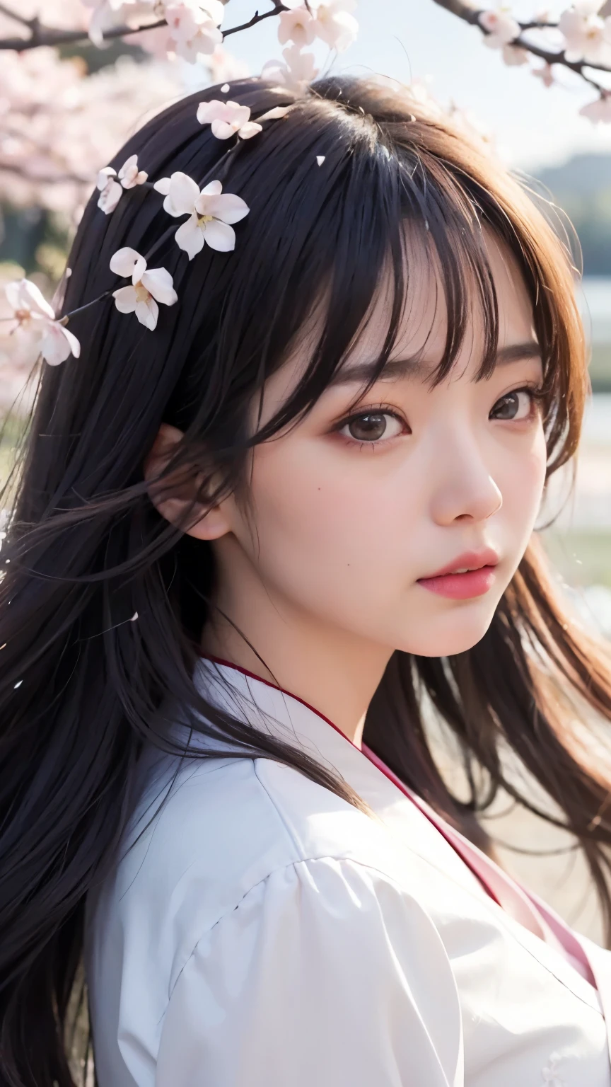 (logo、masterpiece、8K、table top、raw photo、fantastic、best quality、realistic、very detailed CG 통합 8k 벽지、high quality、very detailed、epic、particle effects、Dynamic effects、depth of field、cinematic light、lens flare、ray tracing)、fancy、 (Beauty 1 person、white japanese clothing、japanese dress、white cherry blossom pattern、white cherry blossom embroidery pattern、black hair、beautiful face、real face、Beautiful eye for detail、beautiful skin)、Hair flutters in wind、hair jump、pink cherry blossom tree、petals are fluttering、sakura blizzard、superb view、Morning glow、with the sun in the background、wind、gods、tusk、myth、vast land、