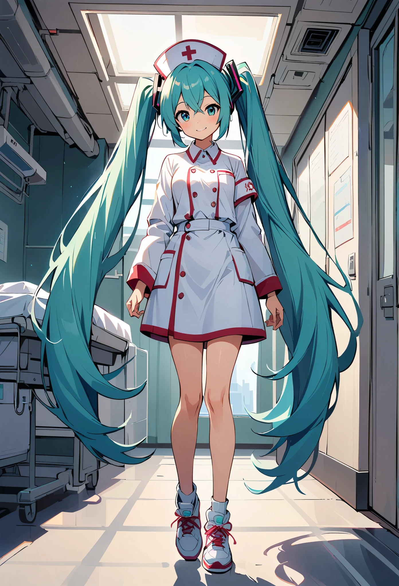 hatsune miku, One Girl, Aqua Eye, Aqua Hair, bangs, whole body, Hair between the eyes, Long Hair, Long sleeve, shoes, sneakers, shoes下, Twin tails, very Long Hair, (smile:1.1), alone, Nurse uniform, Nurse cap, hospital, Stethoscope, White Partition, hospital内の背景, White footwear,