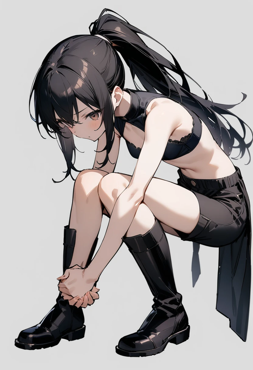 ((Highest quality)), ((masterpiece)), (detailed),full body ,slender. ((Rin々A cool female fighter))　small breasts　Long-haired ponytail　Sleeveless gi　Black short inner pants　Knee-high boots　Forward bending　Hands on knees　Black inner bra