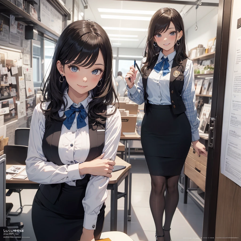 (Best Quality, Masterpiece),Wearing a pink plaid vest, White short sleeved shirt, Gray pencil skirt, Wear stiletto heels, Necklace, earrings, Cute face, Smile, Blushing, Shyness, Glass wall, Ultra Detail, Realistic, Front view, Whole body, stunning, cute, warm smile, hourglass figure, apron, text, chart, advertising, magazine title(Best Quality, Masterpiece), Mag((((1ladyl,)))) (masterpiece), (realistic), (best quality), (ultra-detailed), (wearing in [[white and gray check pattern]] Vest worn over white collared long-sleeved shirt:1.4), (gray vest with buttons:1.2), (Pink Theme:1.2), (blue ribbon ribbon:1.3), (Black theme:1.4), (Tight black pencil skirt:1.5), ((Brown pantyhose)), (high-heels:1.1),longskirt,office desk, office chair,Lulubre Unity 8K Wallpaper, pantyshot, long brown hair, office lady Magazine Cover, 1girl,  amazing, girl, 30 years old, house wiife, warm smile, hourglass figure, text, chart, advertising, magazine title