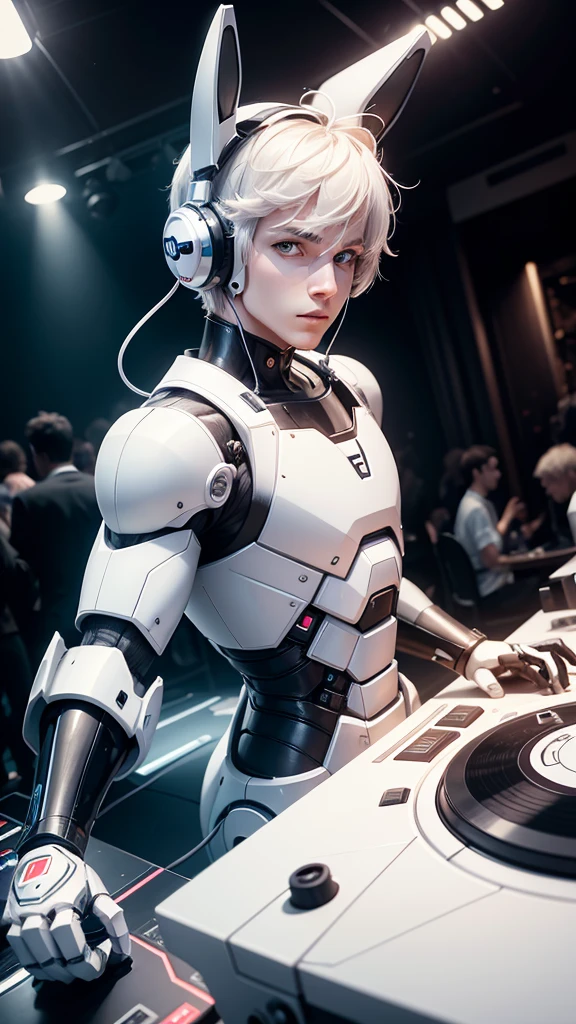 robot rabbit, White color, male gender, portrait photo style, non-human, in a club, playing on a turntable,
