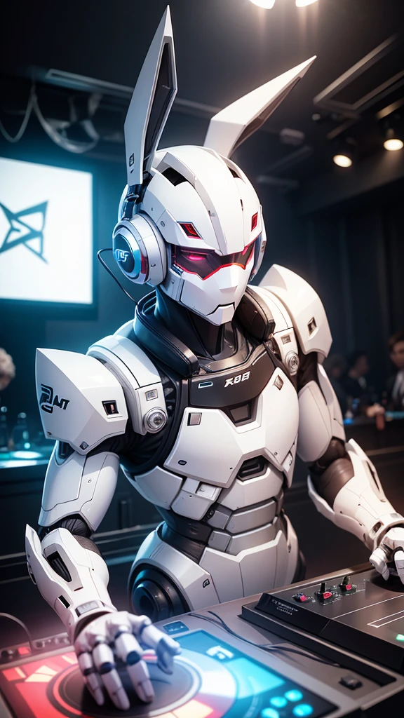 robot rabbit, White color, male gender, portrait photo style, non-human, in a club, playing on a turntable,