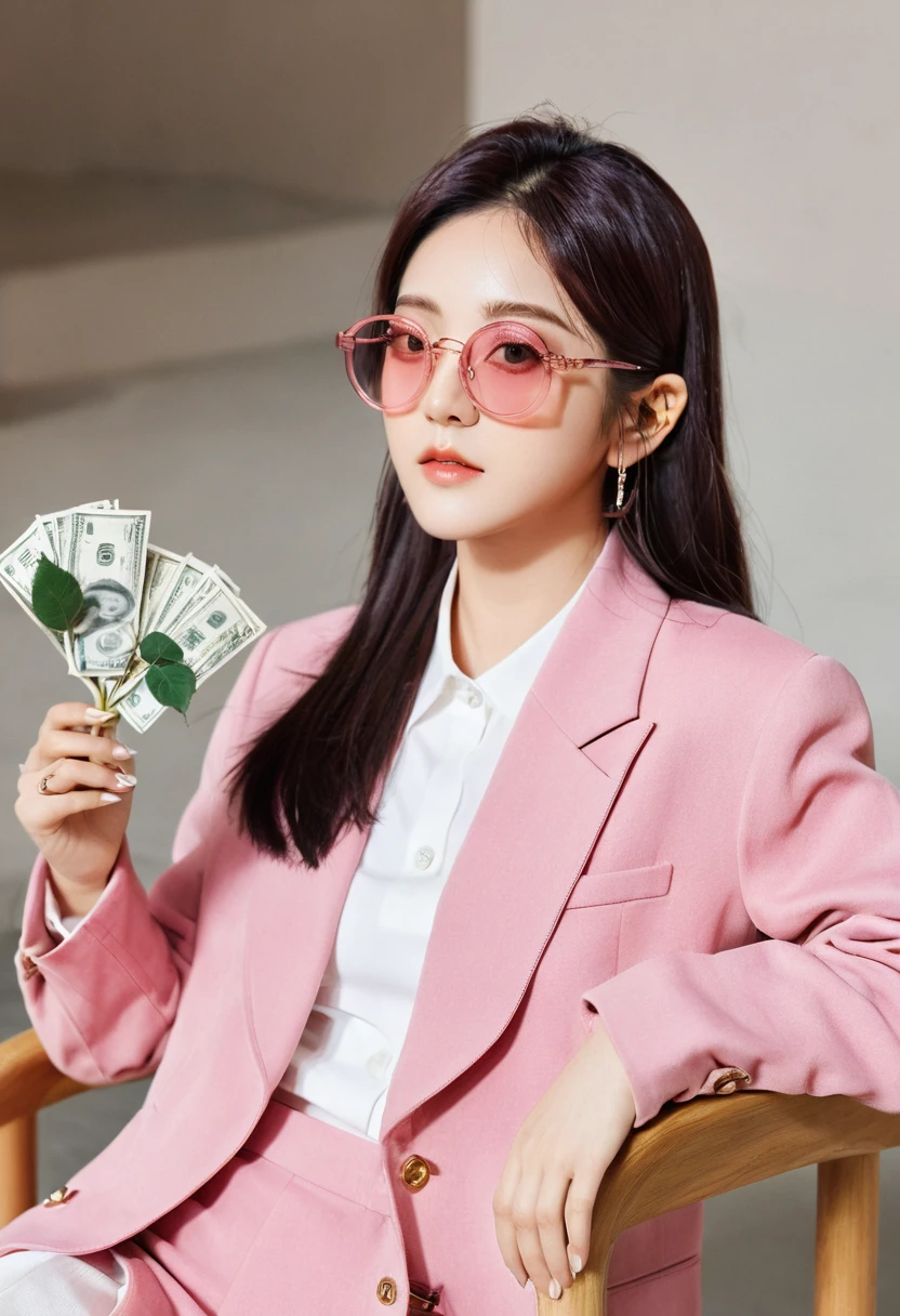 Japanese woman sitting on a chair,脸上wear glasses, sunglasses, wear glasses, Ulzan, Woman with rose-colored glasses, Money Lumrat, Wearing thin, large round glasses, Wearing pink glasses, Wearing small round glasses, portrait jiss blackpink, blackpink jisoo, blackpink jisoo, Square glasses, sunglasses
