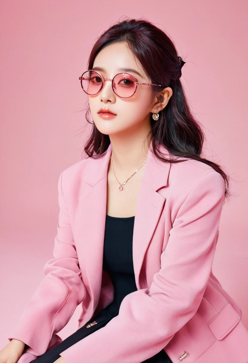 Japanese woman sitting on a chair,脸上wear glasses, sunglasses, wear glasses, Ulzan, Woman with rose-colored glasses, Money Lumrat, Wearing thin, large round glasses, Wearing pink glasses, Wearing small round glasses, portrait jiss blackpink, blackpink jisoo, blackpink jisoo, Square glasses, sunglasses