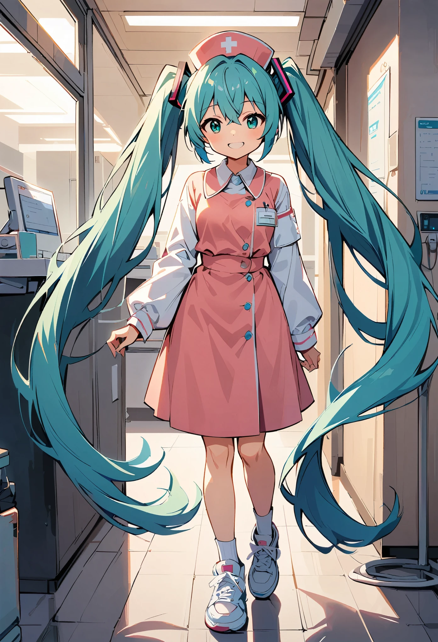 hatsune miku, One Girl, Aqua Eye, Aqua Hair, bangs, whole body, Hair between the eyes, Long Hair, Long sleeve, shoes, sneakers, shoes下, Twin tails, very Long Hair, (smile:1.1), alone, Nurse uniform, Nurse cap, hospital, Stethoscope, White Partition, hospital内の背景, White footwear,
