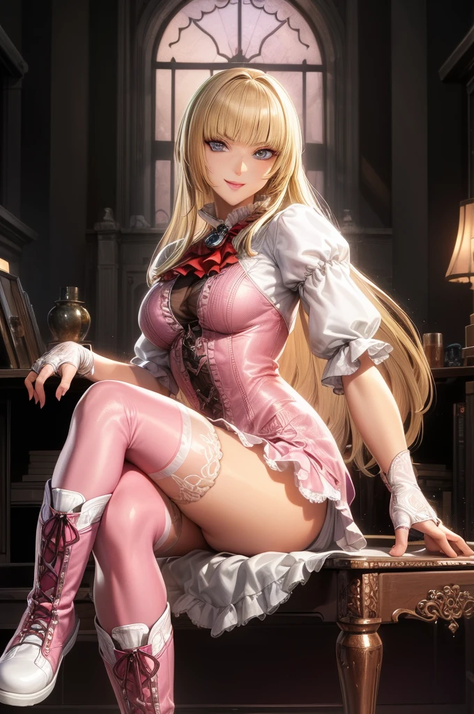 perfect eyes:1.2, detailed eyes:1.4, Emilie T8, blunt bangs, blue eyes, long hair, blonde hair, thighhighs, lace-up boots, pink frilled dress, frilled ascot, fingerless gloves, smile, red eyeshadow:1.2, makeup:1.2, cowboy shot, 1girl, solo, (masterpiece:1.6, best quality), 8k, insane details, intricate details, hyperdetailed, hyper quality, high detail, ultra detailed, professional, HDR, ray tracing reflection, cinematic lighting,