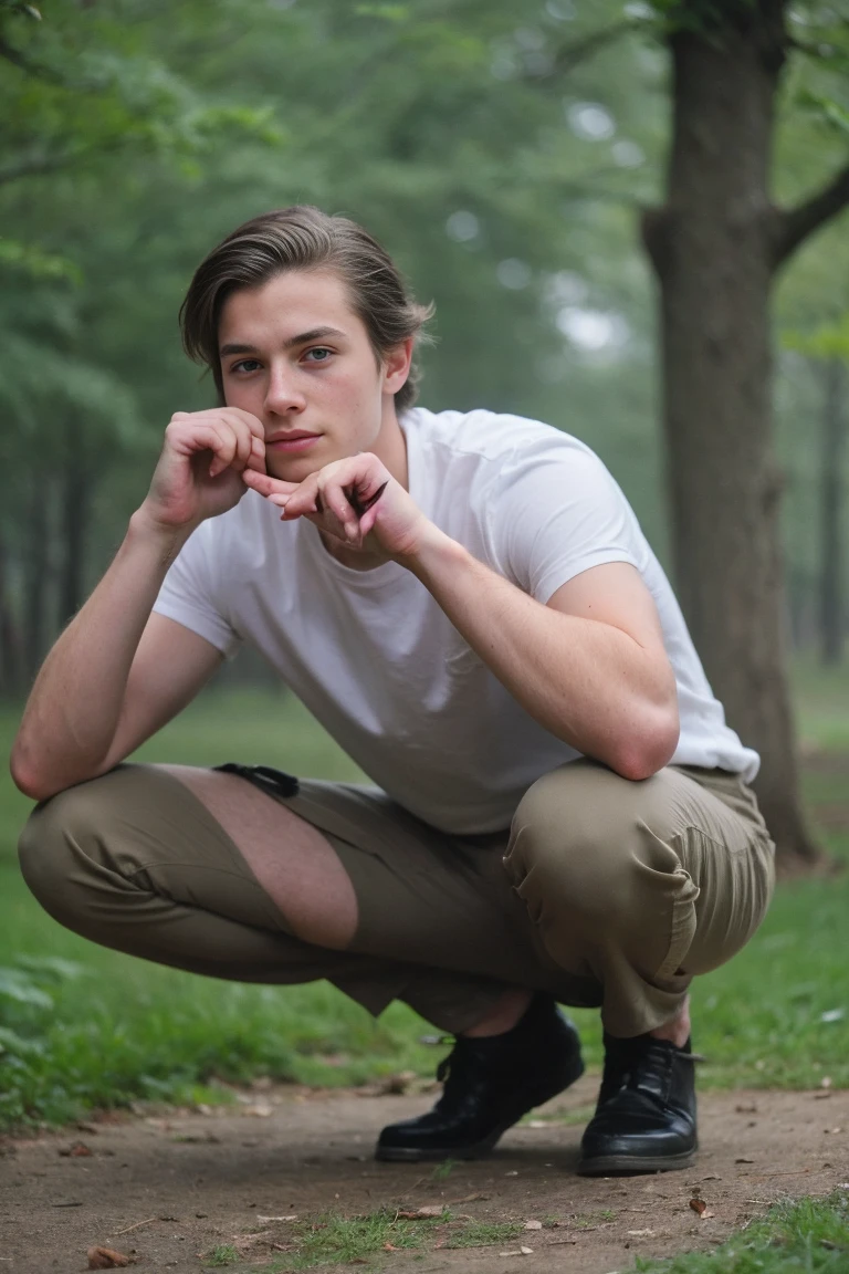Realistic photo of solo handsome teenage men ,squatting , forest ,foggy daytime
