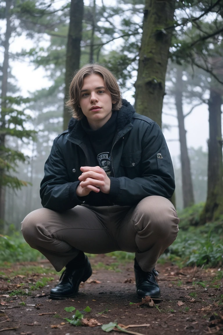 Realistic photo of solo handsome teenage men ,squatting , forest ,foggy daytime