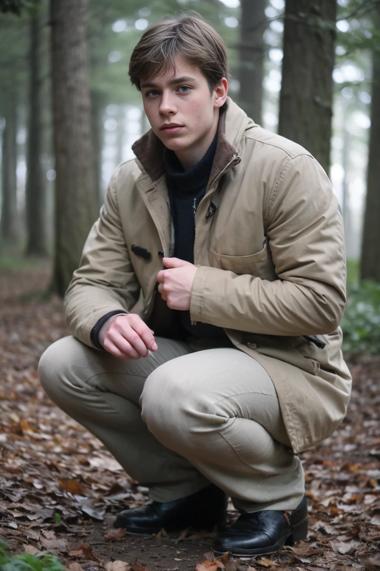 Realistic photo of solo handsome teenage men ,squatting , forest ,foggy daytime