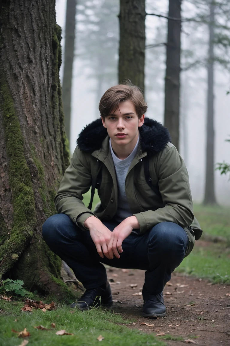 Realistic photo of solo handsome teenage men ,squatting , forest ,foggy daytime