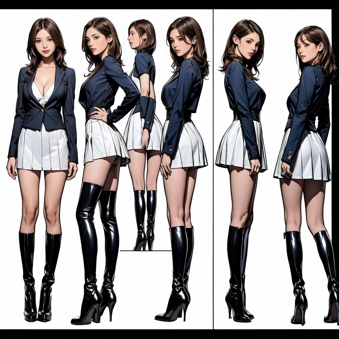 ((masterpiece)),(((Highest quality))),((Character design sheet 1.2)),Thin thighs,Long legs,Cabin attendant:0.8,Long black curly hair 1.4,Cleavage 1.6、The best smile:1.5,Full Body Shot:1.5,Blue sky and buildings:0.5,Wearing black thigh-high boots:1.5,Black Mini Skirt:1.1, Black jacket:1.5