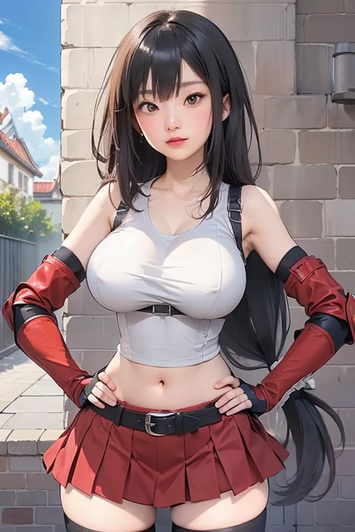 (((丰满柔软的breast,)))(((巨Large targetbreast))) (((Cleavage))) (Perfect curvy figure)Fraction_9, Fraction_8_Direction_7_up, ,front_view,breast front view,,(Solo Focus),permanent,straight on,,(Hands on hips),,,(upperbody),Watching_exist_viewer ,1 Girl, Tifa Lockhart, Final Fantasy,(Beautiful woman). puppet,Black Hair, Low-tied long hair, Red Eyes, Bangs, White vest,gap, belt, pleexisted skirt, High Leg Raise, Elbow fingerless gloves, Elbow pads, diaphragm, Umbilical cord,Suspender Skirt.Absolutely great opportunity ,(Large target_breast:1),((perky breast;1,3)),(A faint smile),slim_waist:1.2 ,Solitary,,(Daytime and Outdoors),(Lord peace),(best quality),((Aesthetic,very Aesthetic)),,Very detailed,(To love_Magazine),