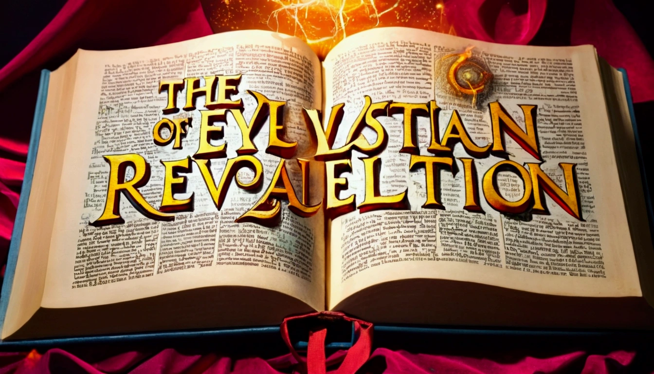 The book of revelation being half way opened and written over it as a title "The conclusion and the beginning of the book of Revelation"
