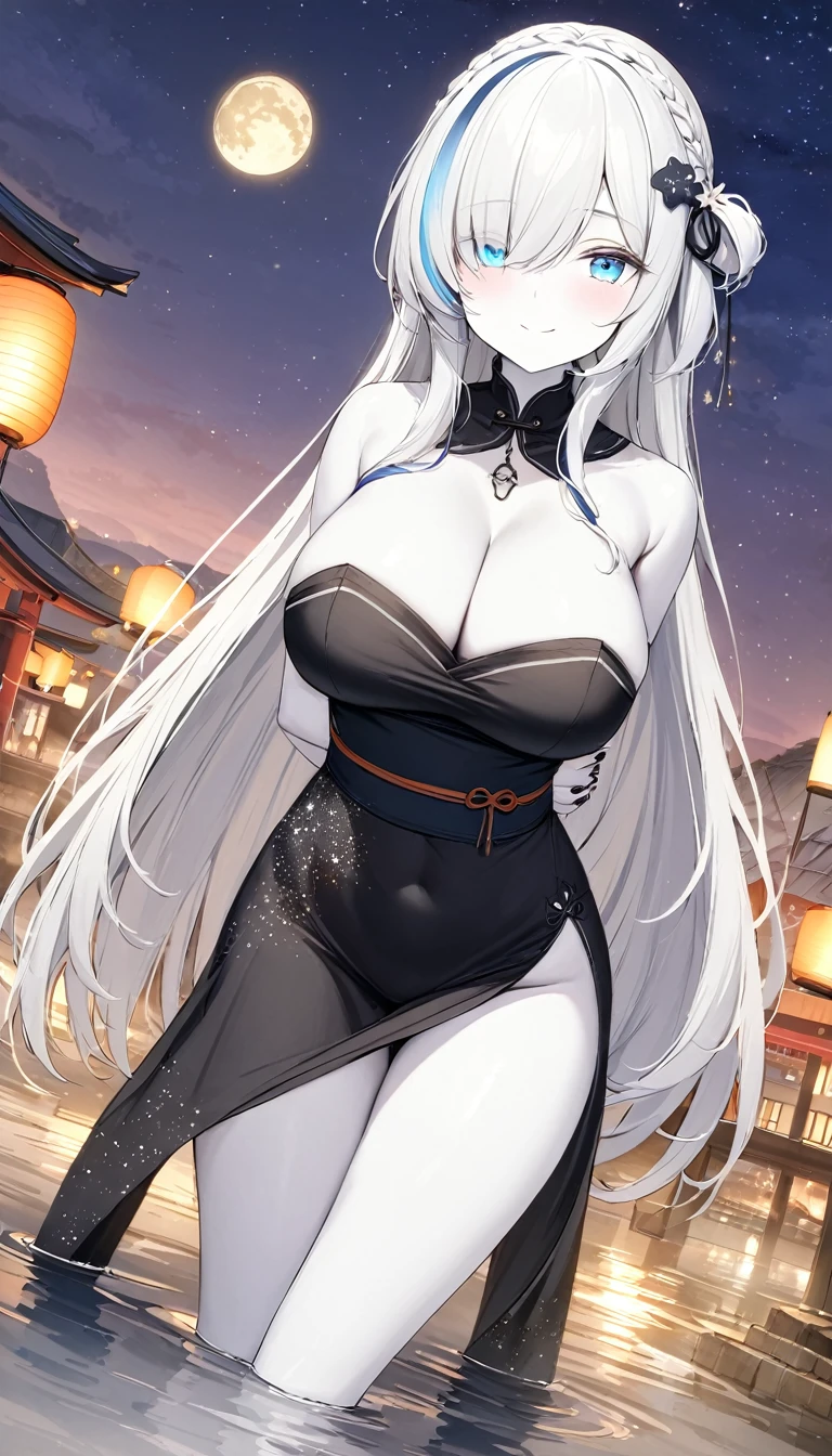 (masterpiece, high quality, high detail, 4k, rtx, high resolution:1.2),blue_streaked_hair,hair_over_one_eye, blue_eyes,very long hair,braid,white hair_ornament,white skin,black nail_polish,aged_down, solo,1girl, aerial_fireworks, architecture, aurora, bridge, building, city_lights, cityscape, cloud, constellation, crescent_moon, earth_(planet), east_asian_architecture, festival, fireflies, fireworks, flower, fountain, full_moon, galaxy, hair_ornament, horizon,(black dress, china_dress, sexy pose:1.2),(strapless, cleavage:1.2), huge breasts,lantern, light_particles, looking_at_viewer, milky_way, moon, moonlight, night, night_sky, obi, onsen, outdoors, paper_lantern, planet, reflection, sash, shooting_star, sky, skyline, skyscraper, smile, snow, snowing, solo, space, sparkle, standing, star_(sky), star_(symbol), starry_background, starry_sky, starry_sky_print, summer_festival, sunrise, tanzaku, telescope, torii, tower, twilight,wading, water,arms behind back,finger polish